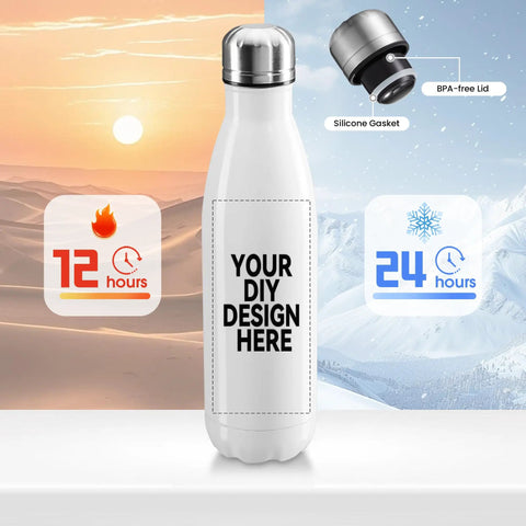 Custom Personalized 17 Oz Stainless Steel Water Bottle With Solid Double Wall Vacuum Insulation And Truly Leak Proof Construction showing design area and temperature retention features.