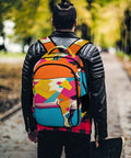 Vibrant Dual Tone Orange Cyan Patchwork Cow Print Unisex Backpack with Large Capacity for Everyday Carry on person's back in park
