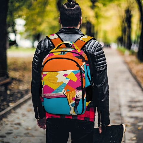 Vibrant Dual Tone Orange Cyan Patchwork Cow Print Unisex Backpack with Large Capacity for Everyday Carry on person's back in park