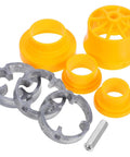 Totority Pvc Threader Kit For Electric Drill To Create Plastic Pipe Threads On 1/2 Inch And 3/4 Inch Pipes with yellow plastic and metallic components.