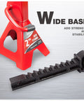 Front view of red 2-ton low-profile jack stand with black serrated rack bar (2-pack)