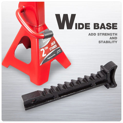 Front view of red 2-ton low-profile jack stand with black serrated rack bar (2-pack)