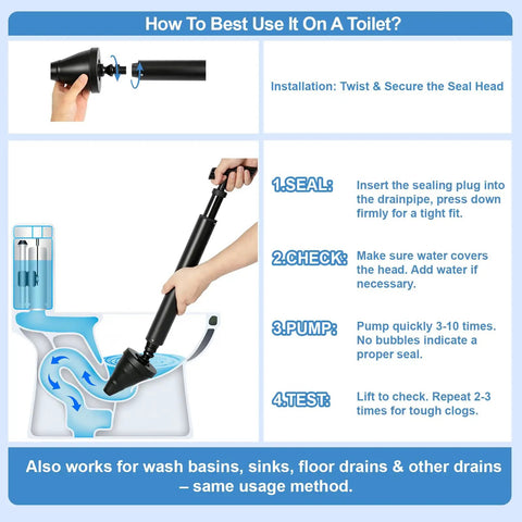 How to use Heavy Duty Air Pressure Toilet Plunger That Will Blast Through Stubborn Kitchen Sink Or Floor Drain Clogs Fast.