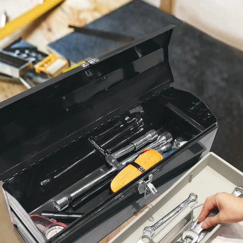 Open 19 Inch Portable Steel Tool Box With Hip Roof Design, showing metal latch closure and removable storage tray, black