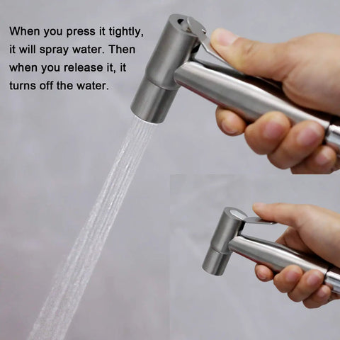 Two Pack Stainless Steel Handheld Bidet Spray Heads For Bathroom And Toilet Cleaning 8 Lpm Water Flow Durable 304 Stainless Steel Excludes T Valve Hose Holder Tape, shown in hand with water spray.