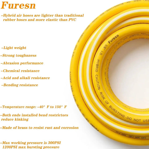 Heavy Duty 3/8 Inch By 25 Ft Hybrid Air Compressor Hose With Kink Resistant Build And Solid Brass Male Fittings for flexibility and durability.