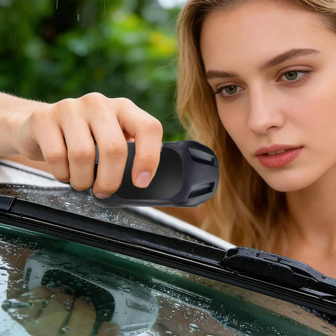 Slick Windshield Wiper Repair Tool For Quick Fix Rubber Edge Resurfacing On Car And Truck Blades To Restore Crystal Clear Vision During Heavy Rain No Hassle Ride Ready Essential in use on wet windshield.
