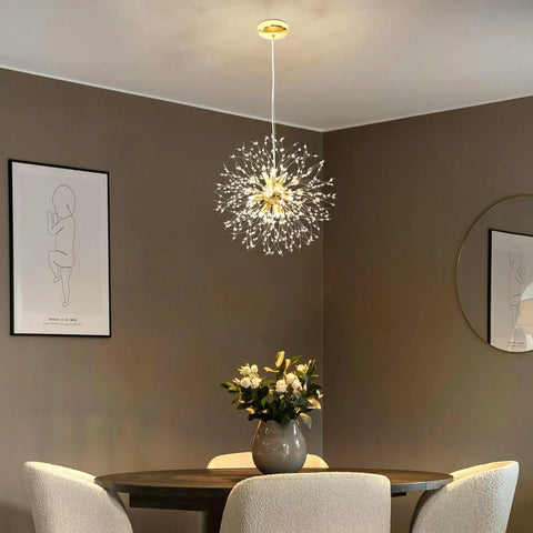 Modern Dandelion Firework Crystal Chandelier Gold Pendant Lighting Fixture For Dining Room Bedroom Entryway Foyer 9 Light