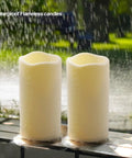 2 Pack Outdoor Flameless LED Pillar Candles With Remote And Timer, waterproof battery operated flickering candles in the rain