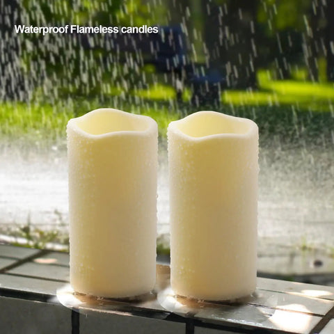 2 Pack Outdoor Flameless LED Pillar Candles With Remote And Timer, waterproof battery operated flickering candles in the rain