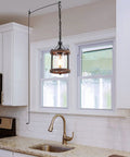 Cozy Farmhouse Style Plug In Pendant Light With Rustic Wood And Glass Cylinder over kitchen island, bronze metal finish