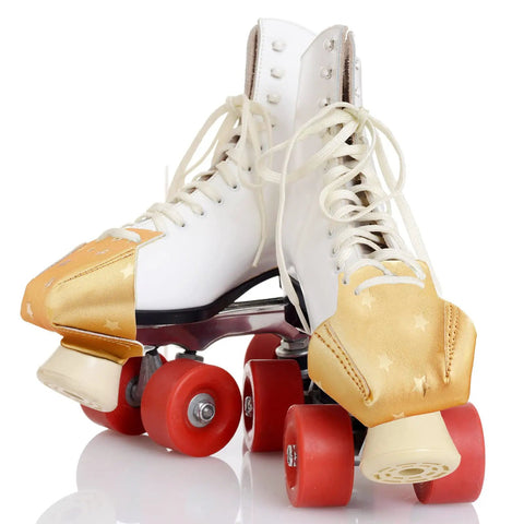 Two Piece Toe Guards For Roller Skates, artificial leather protectors for quad skates, glitter gold with star pattern on white skates