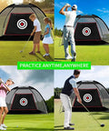 Golfers using Black Backyard Golf Practice Net With Target Cloth And Carry Bag, Easy Setup Hitting Net, 6.6ft, on a green field