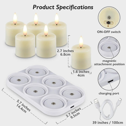 Six Pack Rechargeable Flameless Votive Candles With Timer LED Tealight Set With Magnetic Charging Base Type C USB Cable Remote Included Perfect For Cozy Home Decor And Ambience, shown with candles on charging base and USB cable
