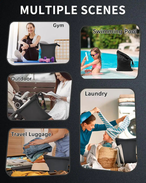 Waterproof Wet Bags Three Pack For Diapers Beach Pool Gym Swimsuits versatile uses in multiple scenes including gym, pool, and travel.