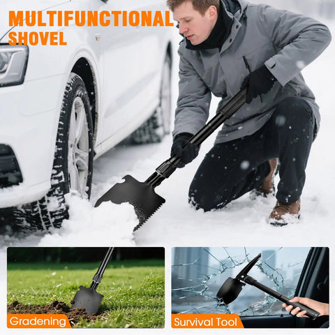 Man using multifunctional shovel on snowy roadside with car, shown also for gardening and glass breaking.