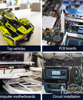 Collage of toy vehicles, PCB boards, computer motherboards, and circuit installation using Nylon Hex Spacers And Standoffs Kit All In One, 740 Pieces Black And White M2.5 Assortment For PCBs And UAVs, Includes Male And Female Spacers For Secure Computer Motherboard And Circuit Assembly.