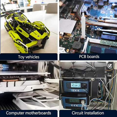 Collage of toy vehicles, PCB boards, computer motherboards, and circuit installation using Nylon Hex Spacers And Standoffs Kit All In One, 740 Pieces Black And White M2.5 Assortment For PCBs And UAVs, Includes Male And Female Spacers For Secure Computer Motherboard And Circuit Assembly.