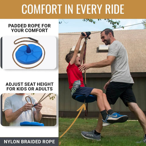 Backyard Zip Line Kit For Kids And Adults 100 Feet With One Quarter Inch Stainless Steel Cable 350 Pound Capacity Cushioned Seat
