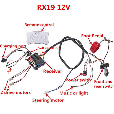 12V Wiring Harness With 2.4G Remote Control Circuit Board Switch Pedal Wires Overload Protector For Kids Electric Ride On Cars