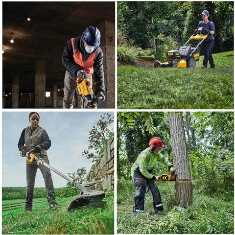 Various workers using DEWALT tools powered by Car Battery Charger For 12V And 20V Max Lithium Batteries on the go.