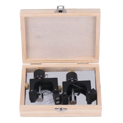 Wooden box containing 2 Piece Magnetic Knife Setting Jigs For Planer And Jointer, Portable Adjustable Gauge Set With Pro Grade High Carbon Steel Blades