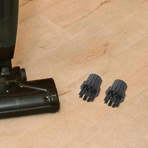 6 Piece Steam Cleaner Brush Heads Replacement, Heavy Duty Nylon And Plastic Attachments next to mop on wooden floor