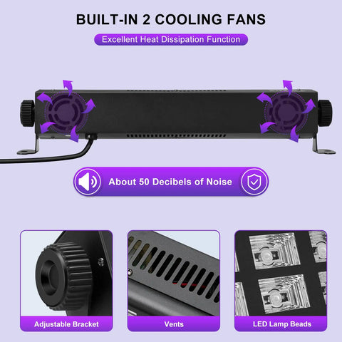 Back view of Two Pack Super Bright 54W UV Black Lights with Remote 18 Real LED Blacklight Bars showing cooling fans and features.
