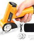 Mulwark 4.2V Electric Scissors Cordless Box Cutter With Led Display And Two Spare Blades offers detailed view of battery-powered tool and accessories.