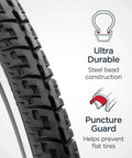 Replacement 700c x 38 Hybrid Bike Tire With Puncture Guard, showing tread design and puncture guard details.