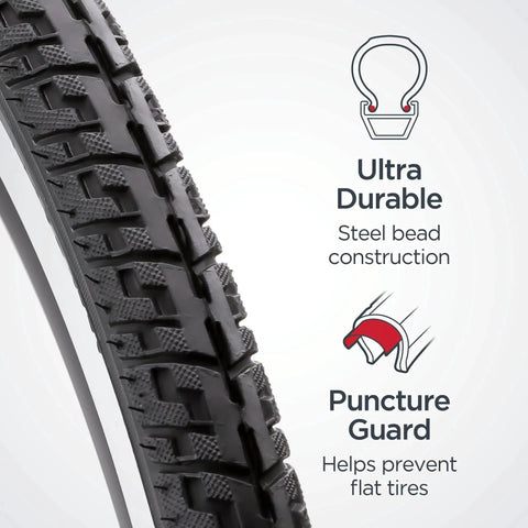 Replacement 700c x 38 Hybrid Bike Tire With Puncture Guard, showing tread design and puncture guard details.