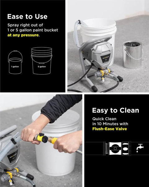 Heavy Duty Airless Paint Sprayer Pumping 3000 Psi 0.31 Gpm next to 1 and 5 gallon paint buckets for easy use.