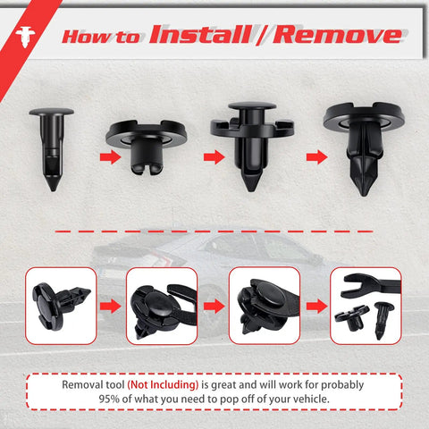 Installation and removal guide for 100Pcs Push Type Retainer Bumper Clips 8mm Hole Size 9mm Stem 20mm Head Fender Liner Clips