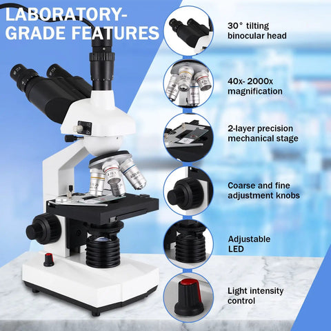 Trinocular Compound Microscope With 40X To 5000X Magnification, Pro Grade Research Microscope With USB Camera And Mechanical Stage