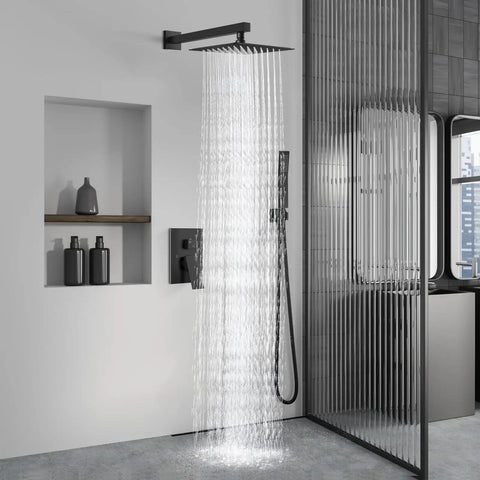 Top Shelf Matte Black Shower Faucet Kit Featuring A Nifty 8 Inch Rainfall Head And Handy Handheld Sprayer Crafted From Heavy Duty Stainless Steel And Solid Brass For Rugged Bathroom Upgrades Built Tough For Stress Free Daily Washes