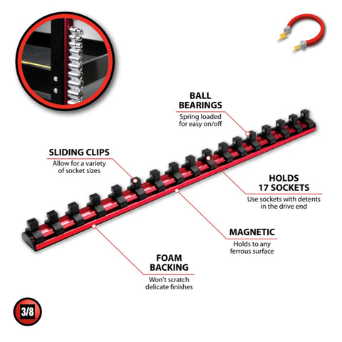 Heavy Duty 3/8 Inch Drive Magnetic Socket Rail Organizer Featuring Legit Strong Rare Earth Magnets And Spring Loaded Clips For Keeping Your Garage Tools Neat And Secure