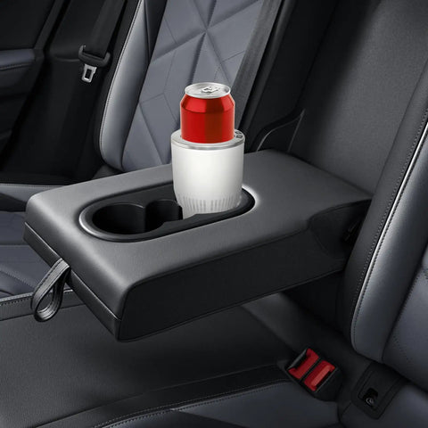 Ride Ready Two In One Car Cup Cooler Warmer And Smart Auto Tumbler Holder That Keeps Your Daily Brew Iced Down Or Steaming Hot In Minutes Perfect For Road Trips And The Daily Grind White Silver with a beverage in a cup holder.