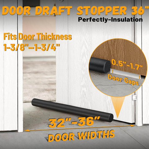 Beefy 36 Inch Door Draft Stopper With 2 Inch Diameter Foam Core Covers 0.5 To 1.7 Inch Gaps Heavy Duty Weather Stripping Black
