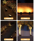 Low Voltage PAR36 Well Light illuminating garden, yard, pathway, and trees at night with warm white lighting.
