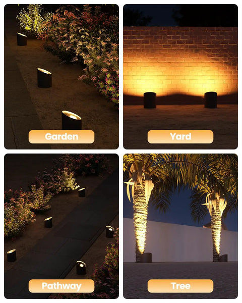 Low Voltage PAR36 Well Light illuminating garden, yard, pathway, and trees at night with warm white lighting.