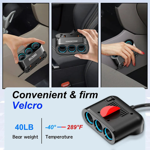 Bulletproof Car Cigarette Lighter Splitter Adapter With Triple 12V Sockets And Six Usb Ports Serving Savage Fast Charging shown installed in vehicle.