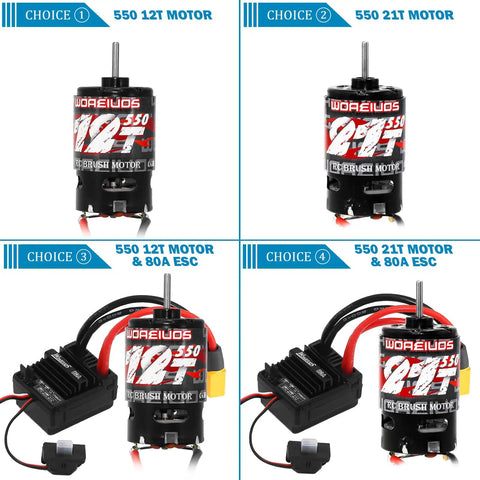 Collage of 550 12T and 21T motors with 80A ESC for RC trucks featuring heatsink combo