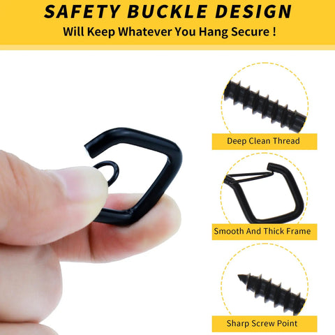 Close-up of a black safety buckle and screw design from 30 Pack Cup Screw In Hanger Hooks With Safety Buckle For Outdoor String Lights Plants