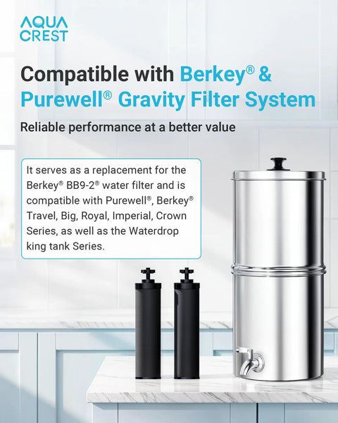 Gravity Water Filter Replacement For Berkey BB9 2 Black Carbon Filter displayed with compatible systems in kitchen