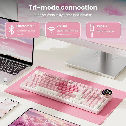 Top Shelf Wireless Mechanical Keyboard With Smart Screen And Rotary Knob, Gasket Mounted Hot Swap Tactile Switches Pre Lubed For Silky Typing, Triple Mode Bluetooth And Usb Setup, Compact 96 Percent Layout That Goes Hard For Gaming on a pink desk with a laptop.