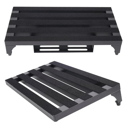 Angled view of 22 X 12.5 Inch Aluminum Guitar Pedal Board With Power Supply Tray Carry Bag And Mounting Tapes Included Black Portable Lightweight.