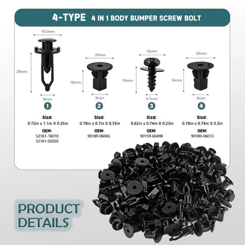 4 In 1 Body Bumper Screw Bolt Kit With Fender Liner Clips For Toyota And Lexus Wheel Well Retainers 121 Pcs close-up of bolts and clips