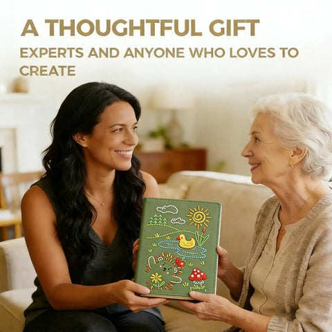 Two women sharing upgraded embroidery stitch book kit for beginners with full tools and step by step tutorial for craft lovers