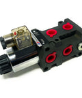 Side view of hydraulic solenoid flow diverter valve, 6-port, 2-position, 12V DC, G 3/8 ports
