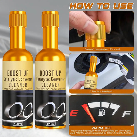 3 Pack Catalytic Converter Cleaner Kit For Gas And Diesel Cars, 120 ml Each, usage instructions with fuel gauge and bottle